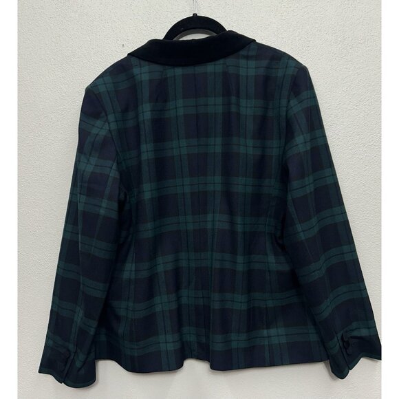 Talbots Blazer Jacket 14 P Petite Wool Blend Tartan Green Navy Plaid Velvet Trim - Picture 4 of 9